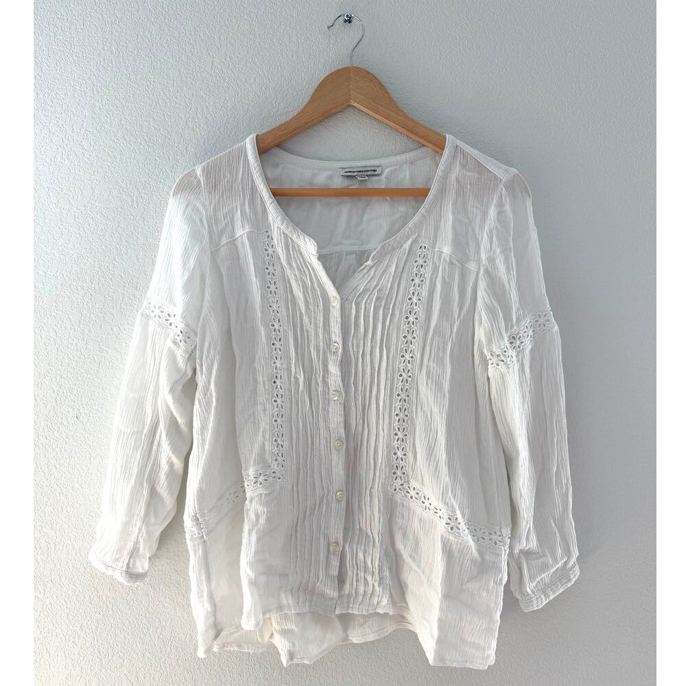 American Eagle White Eyelet Pintuck Boho Blouse Small